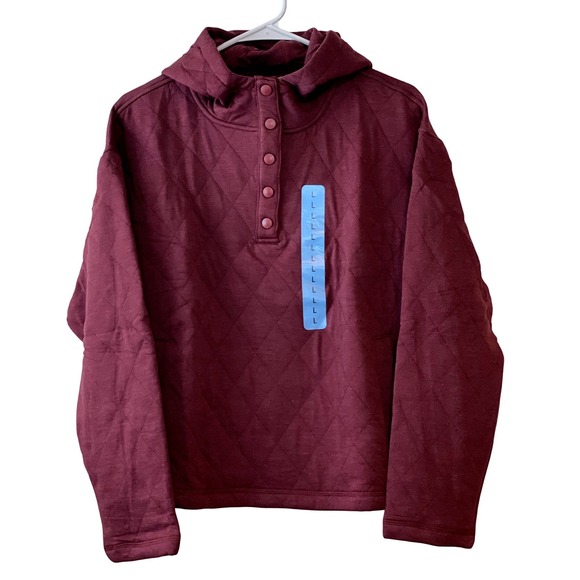 Lands' End Tops - Lands' End Quilted Pullover Hoodie Women's Large‎ Burgundy Snap Neck Top New